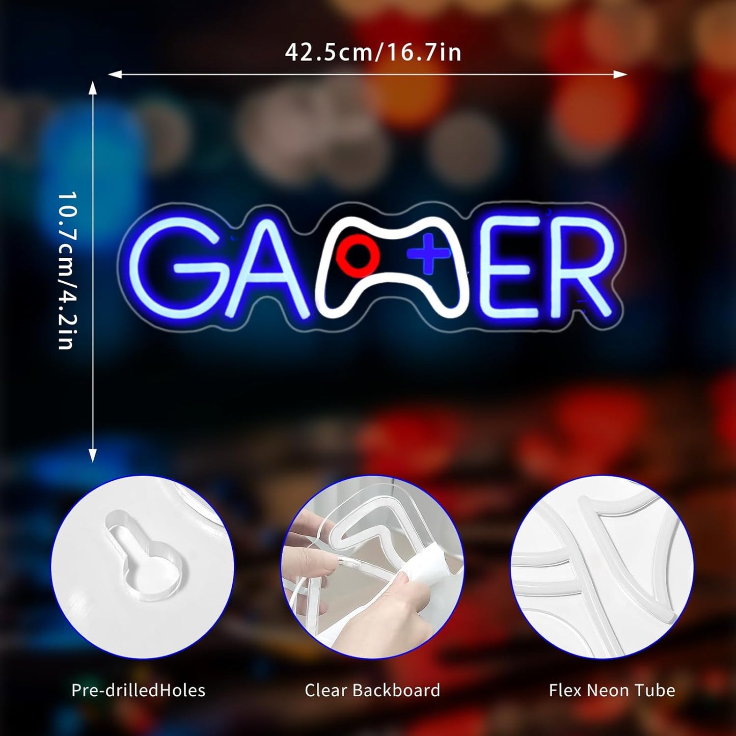 Skiennix Gamer Neon Sign - LED Wall Decor for Gaming Room | USB Powered Light Up Sign for Teen Boys