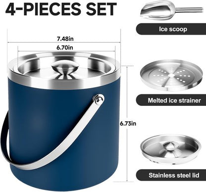 3L Double-Wall Insulated Stainless Steel Ice Bucket with scoop for Cocktail Bar - Metal Ice Bucket for freezer with Lid for parties,Camping,and More!champagne bucket,bar cart accessories