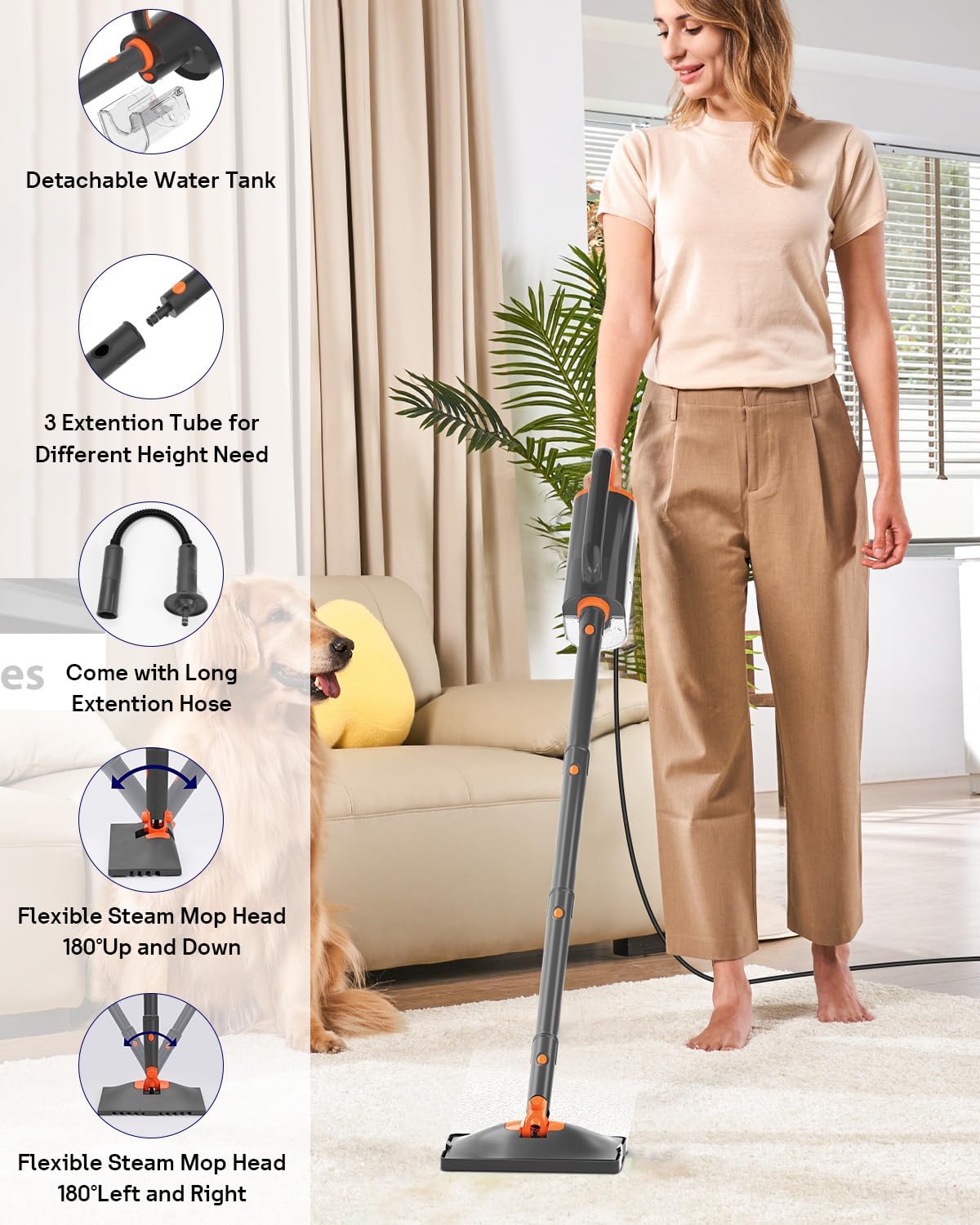 Skiennix Steam Mop Cleaner - 20-in-1 Wired Handheld Steamer with Detachable Water Tank & Microfiber Pads for Floor, Tile, Carpet Cleaning (Grey)