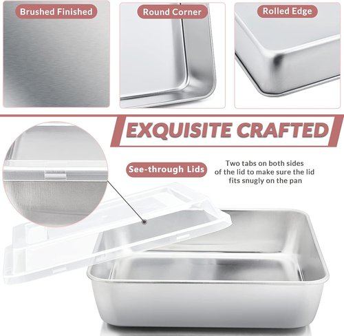E-far 9 Inch Square Cake Pan Set - Non-Toxic Stainless Steel Bakeware with Lids | Easy Clean & Dishwasher Safe, 4 Pieces