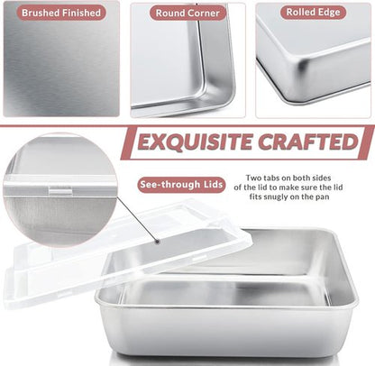 E-far 9 Inch Square Cake Pan Set - Non-Toxic Stainless Steel Bakeware with Lids | Easy Clean & Dishwasher Safe, 4 Pieces