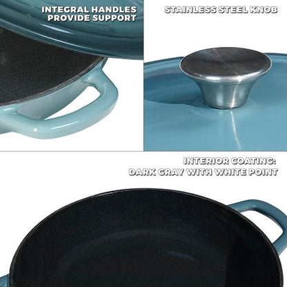 Flavehc Enameled Cast Iron Braiser - 3 Qt Slate Blue Casserole Pan with Lid & Handles
