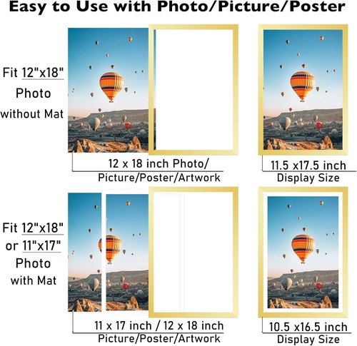 JCJMY 12x18 Picture Frame - Elegant Gold Wall Display for 11x17 Photos with Mat or 12x18 Without Mat