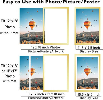 JCJMY 12x18 Picture Frame - Elegant Gold Wall Display for 11x17 Photos with Mat or 12x18 Without Mat