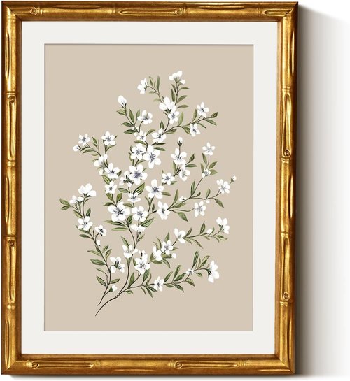 Framed White Flower Canvas Print - Minimalist Botanical Artwork with Gold Bamboo Frame | 11x14