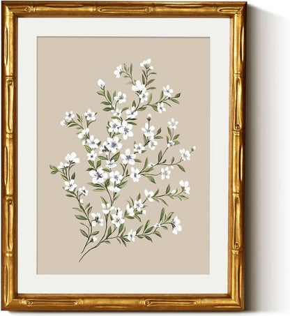 Framed White Flower Canvas Print - Minimalist Botanical Artwork with Gold Bamboo Frame | 11x14