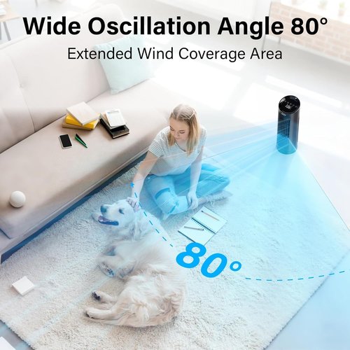JRD 13'' Tower Fan for Bedroom, Quiet Cooling Fan Bladeless Desk Fan with Remote, 80° Oscillating, 3 Speed, 4 Mode, 12h Timer, Digital Touch Screen, Portable Table Fan for Home Desktop Office