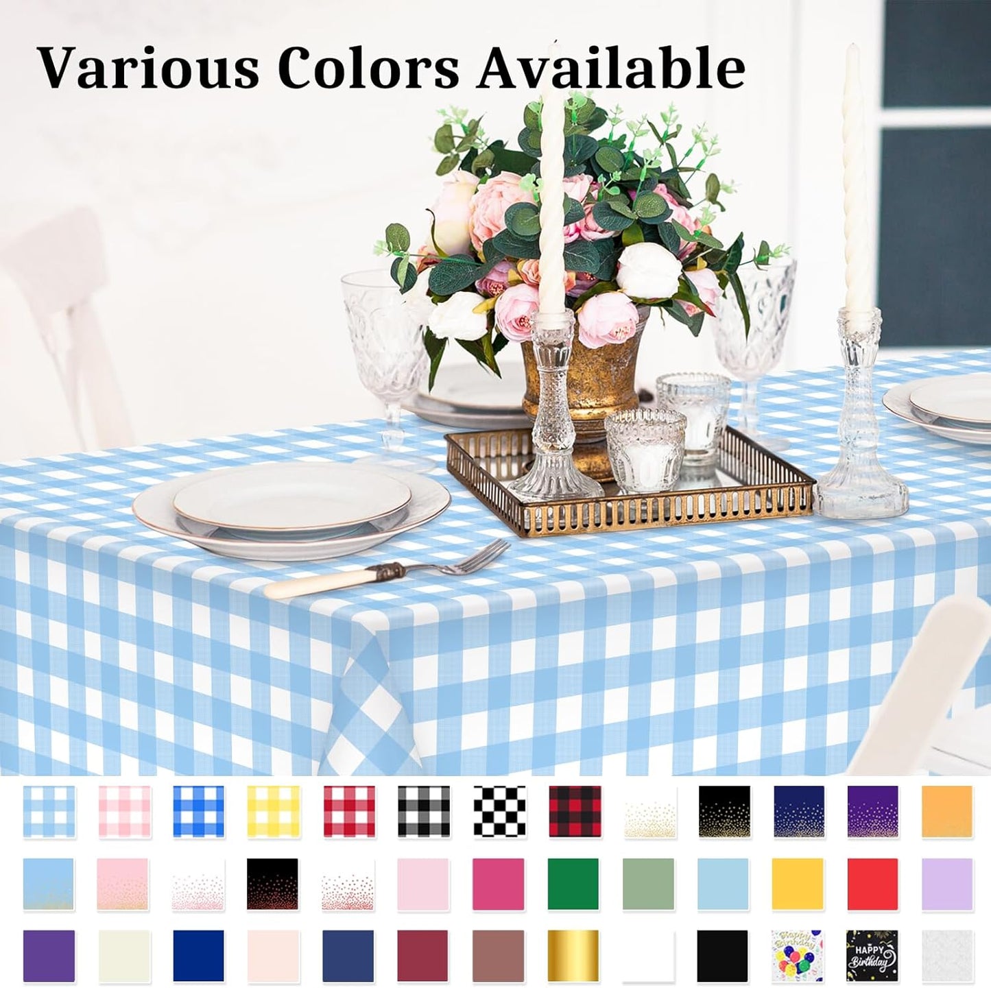 Skiennix Light Blue Checkered Tablecloth - Waterproof Disposable Plastic Cover | 54" x 108" for Picnics & Parties