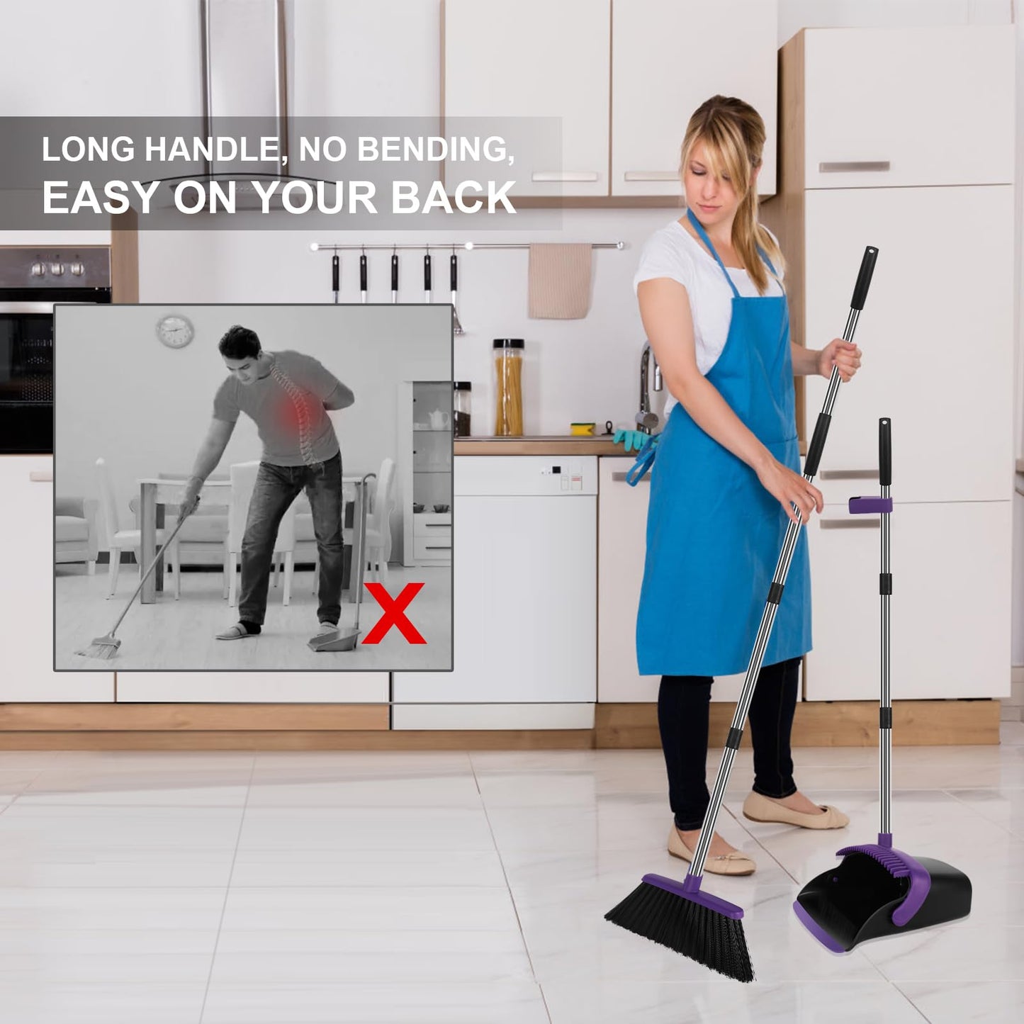 UDUK Broom and Dustpan Set, Large Household Dustpans and Broom with 55 Inch Long Handle, Pueple Broom with Dustpan Combo Set for Home