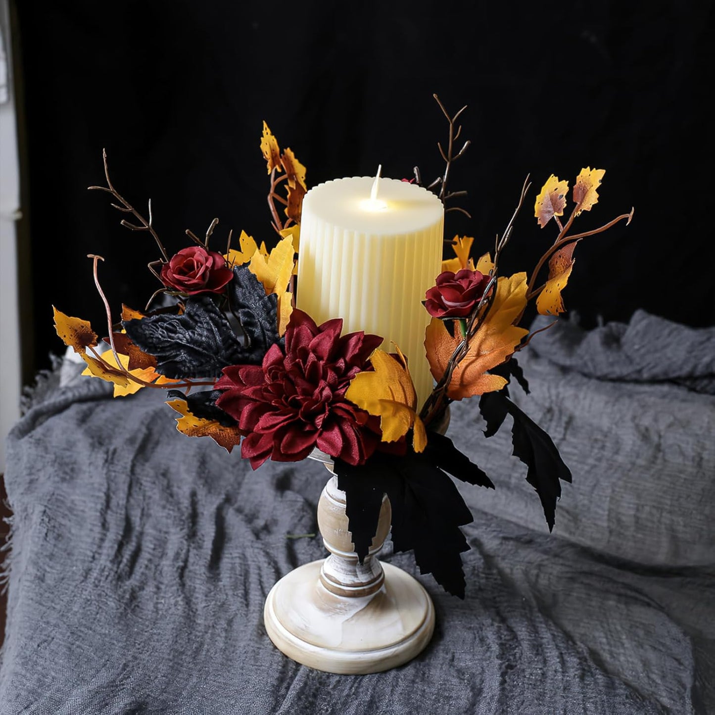 Regine Switzerland Halloween Candle Rings - Red Flowers & Artificial Maple Leaves Wreath | Perfect for Party Centerpieces