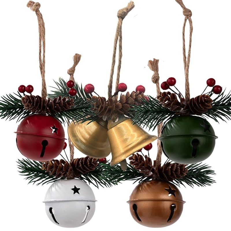 5-Pack Christmas Bell Ornaments Set for Tree, Wreath, Window & Mantel - Red, Green, Gold & White