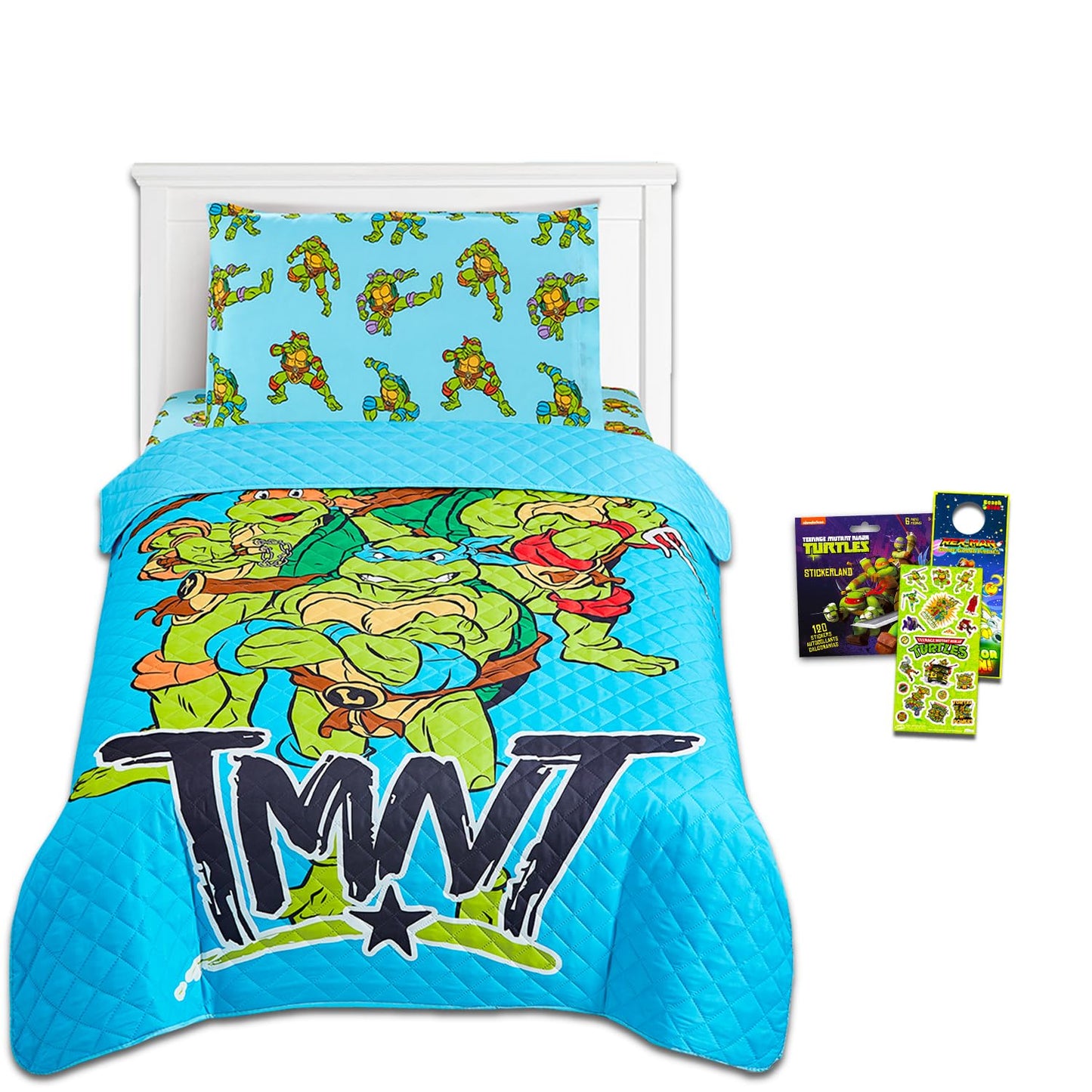 Teenage Mutant Ninja Turtles Bedding Set Twin Bed - Bundle with TMNT Bedspread, Flat Sheet, Fitted Sheet, and Pillowcase Plus Posters, Tattoos, More | TMNT Bedroom Set Twin