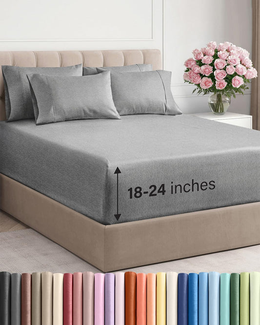Skiennix Extra Deep Queen Sheet Set - 6 Piece Breathable Cooling Bedding - Soft Wrinkle-Free Heathered Grey