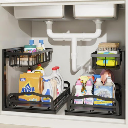 AceMining Under Sink Organizer - 2 Pack L-Shaped 2 Tier Storage with Sliding Drawer | Height Adjustable Metal for Kitchen & Bathroom
