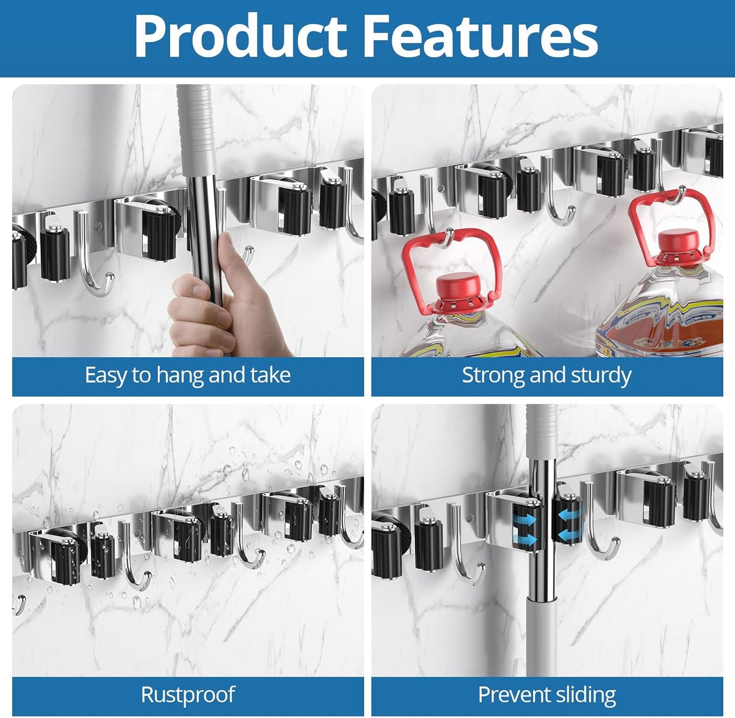 Skiennix Broom Holder - Heavy Duty Wall Mount Organizer with 5 Racks & 4 Hooks | Ideal for Kitchen, Garden, Garage