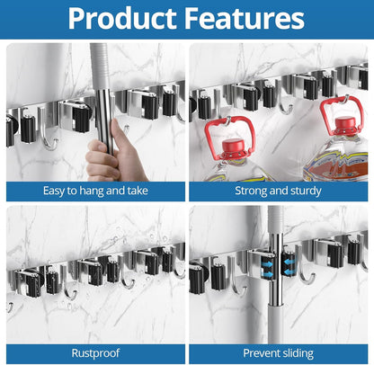 Skiennix Broom Holder - Heavy Duty Wall Mount Organizer with 5 Racks & 4 Hooks | Ideal for Kitchen, Garden, Garage