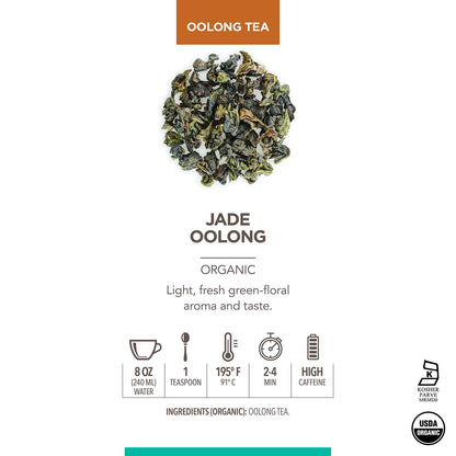 Teabloom Organic Jade Oolong Loose Leaf Tea, Rolled Leaves From High-Elevation Mountains, USDA Organic, Fresh Green-Floral Aroma and Flavor, 3.53 oz/100 g Canister Makes 35-50 Cups