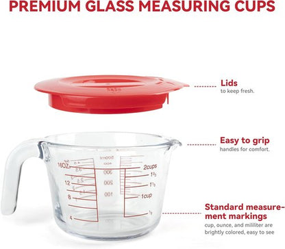 Glass Measuring Cups Set by [Brand Name] - 6 Pcs with Lids & Strainer | Easy-Grip Handles, Nesting Design