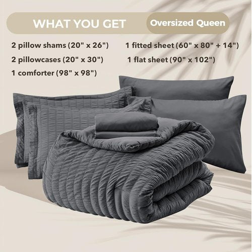 HYMOKEGE Oversized Queen Comforter Set - All-Season Luxury Bedding in Dark Grey | 7-Piece Seersucker Design