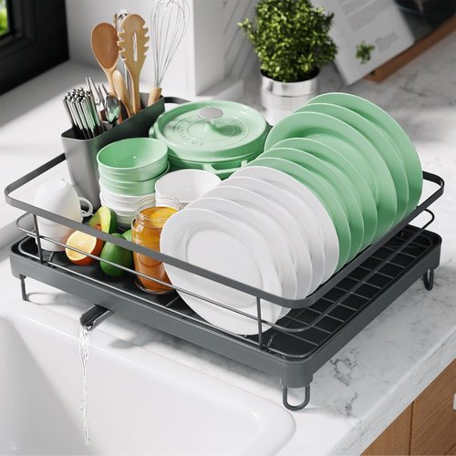 Kitsure Dish Drying Rack - Stainless Steel Kitchen Organizer with Cutlery Holder | 12.7''W x 16.7''L, Grey
