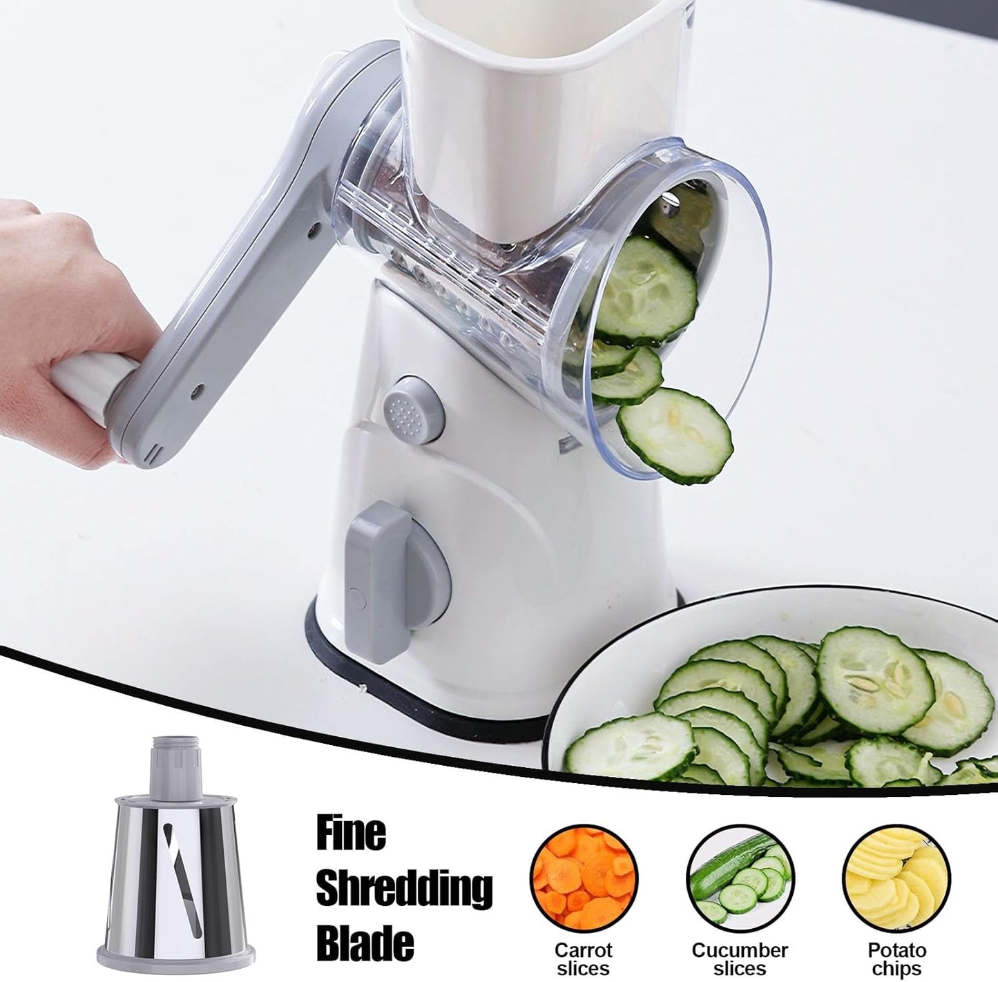 RAINBEAN Rotary Cheese Grater - Hand Crank Shredder with 3 Blades & Strong Suction Base for Veggies & Fruits