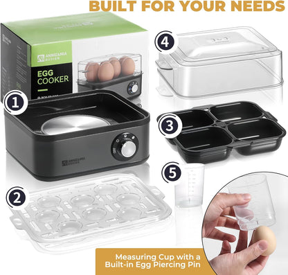 Annie & Mia Design Stainless Steel Electric Egg Cooker - 8 Egg Capacity, 500W, Auto Shut-Off, Recipe Guide (Black)