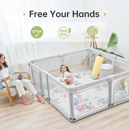 Skiennix Baby Playpen - 71"x71" Foldable Play Area with Gate & Zipper Door | Light Grey