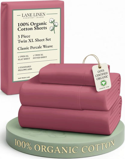 LANE LINEN 100% Organic Cotton Eco Friendly Bed Sheets Extra Long Twin, Soft & Comfy Fully Elasticized Percale, Low Pilling Machine Washable Naturally Cool Twin XL Sheet- Mineral Red