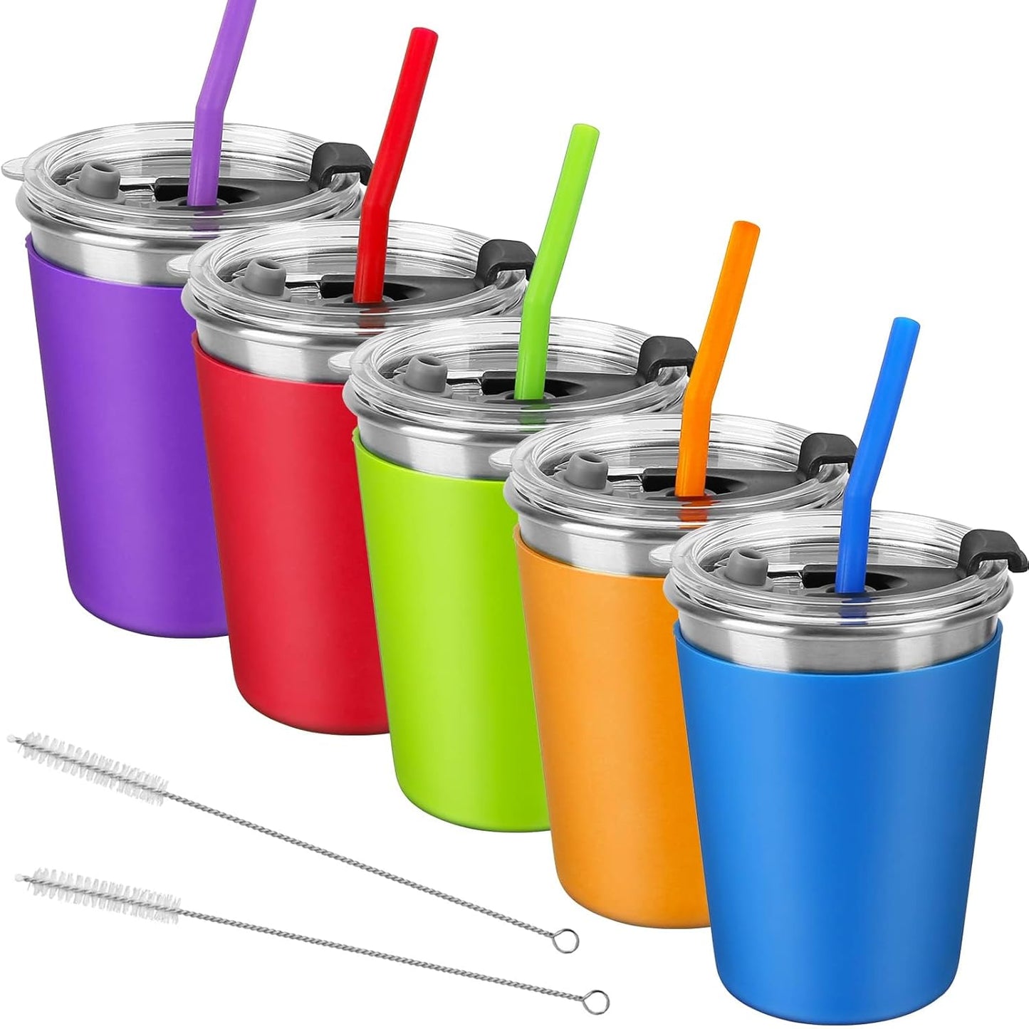 Skiennix Kids Cups - 12oz Spill-Proof Tumblers with Lids & Straws | 5-Pack Stainless Steel Set