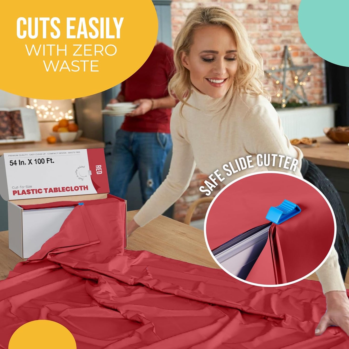 Party Solids Red Plastic Table Cover Roll - 54 Inch x 100 Feet with Slide Cutter | Cuts Up to 12 Tables