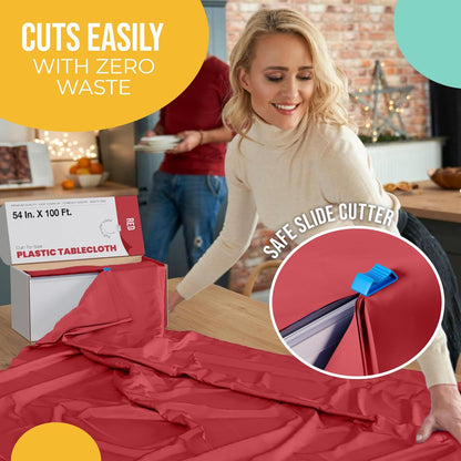 Party Solids Red Plastic Table Cover Roll - 54 Inch x 100 Feet with Slide Cutter | Cuts Up to 12 Tables