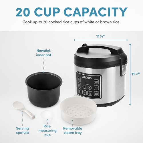 Aroma Housewares Digital Rice Cooker - 20 Cup Capacity, Slow Cooker & Food Steamer, Stainless Steel Exterior, Black