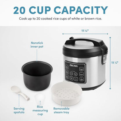 Aroma Housewares Digital Rice Cooker - 20 Cup Capacity, Slow Cooker & Food Steamer, Stainless Steel Exterior, Black
