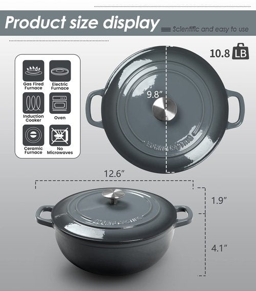 EDGING CASTING Enameled Cast Iron Dutch Ovens With Lid Dual Handle, Cast Iron Bread Oven, Suitable For Variety Stovetops, 3.5 Quart, Gray