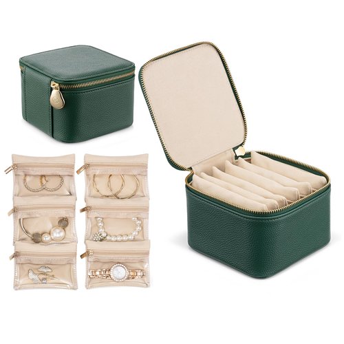 VLANDO Travel Jewelry Box Organizer – Portable PU Leather Jewelry Case with 6/8/12 Zippered Pouches, Compact Storage for Earrings Rings Necklaces Bracelets, Dark Green