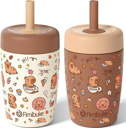 Fimibuke Kids Insulated Sippy Cups - Spill Proof 12 OZ Capybara Design | Stainless Steel, 2 Pack