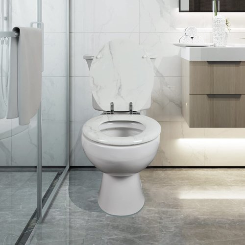 Angel Shield Marble Toilet Seat Durable Molded Wood with Quiet Close,Easy Clean，Quick-Release Hinges (Round,White Marble)