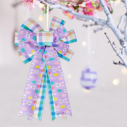 SIMISI Ribbon Easter Wreath Bow - Large Burlap Wired Bow with Bunny Eggs | 11x17.7 Inch Door Ornament