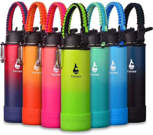 Farsea Insulated Water Bottle - 24 oz Stainless Steel with Paracord Handle & 2 Lids | Sweat-Proof & BPA-Free
