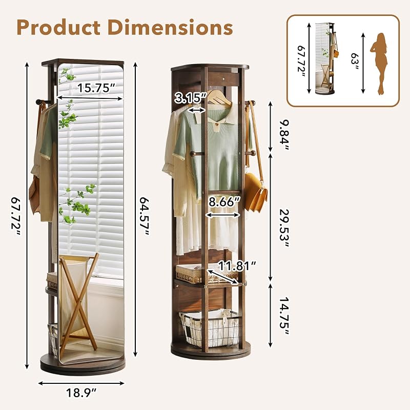 Full Length Mirror Coat Rack - 360° Rotating Standing Mirror with Storage (Variation: With Top)