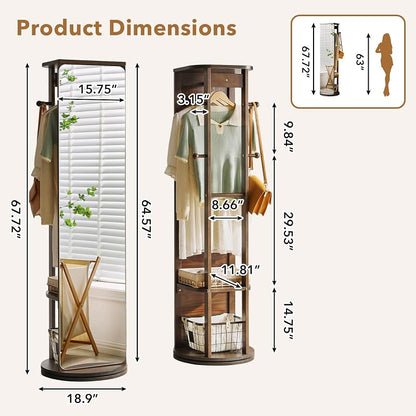 Full Length Mirror Coat Rack - 360° Rotating Standing Mirror with Storage (Variation: With Top)