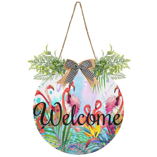 MNSRUU Wreath Door Sign WELCOME Exotic Flamingos Door Decorations Hanging Outdoor Front Porch Door Round Wreath Decor for Christmas Halloween