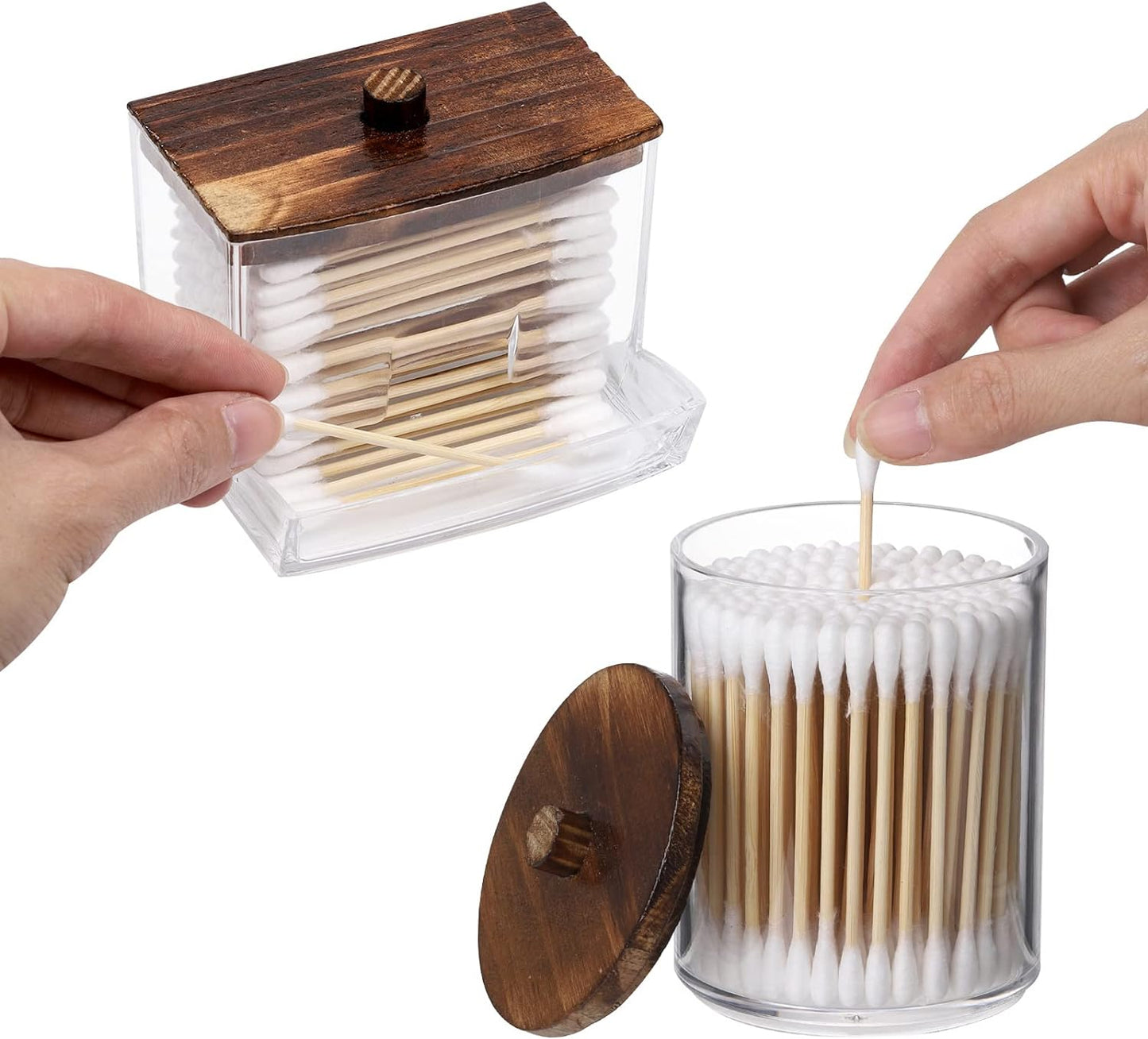 Tbestmax Cotton Swab Holder - 10 OZ Apothecary Jar Organizer with Brown Wood Lid for Bathroom Storage