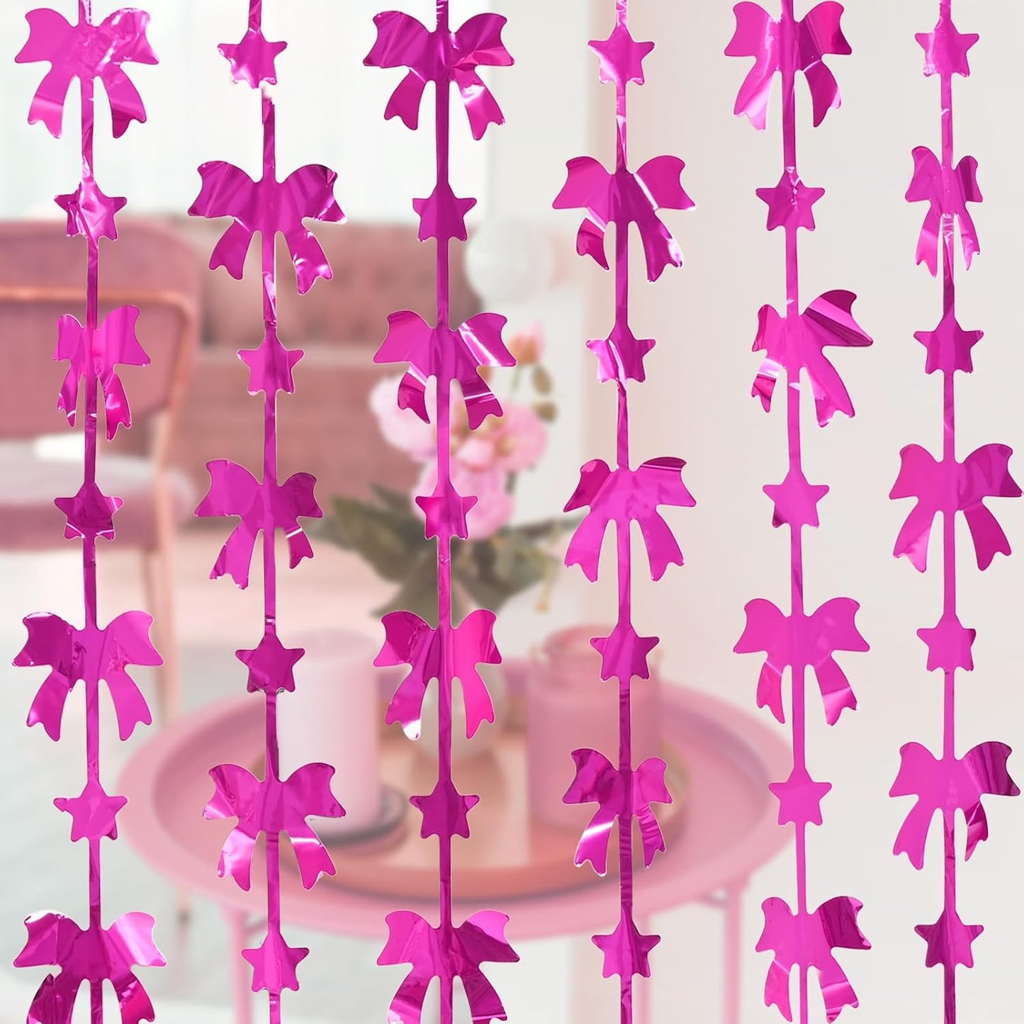 Menstarsi Bow Party Decorations - Hot Pink Foil Fringe Curtains | 2 Pack, 3.3 X 6.6 Ft Backdrop for Birthdays & Bachelorette Parties