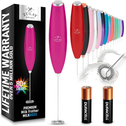 Zulay Kitchen Milk Frother Handheld Electric Whisk with AA Duracell Batteries – Durable Drink Mixer for Coffee, Lattes, Cappuccinos & More - Dragonfruit