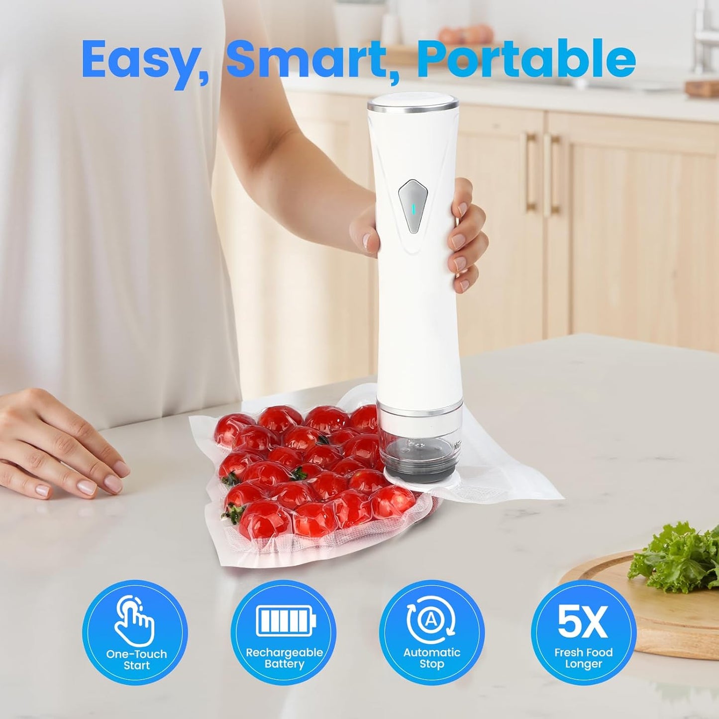 Skiennix Vacuum Sealer - Handheld Food Sealer with Visible Tank & 30 Reusable Bags | Wireless & Portable, White