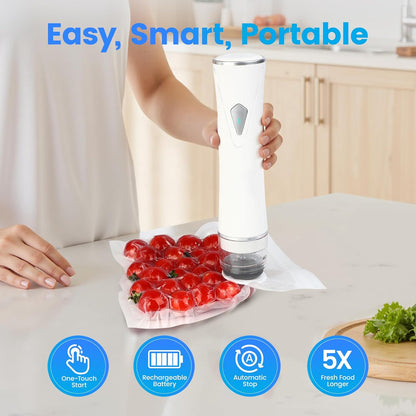 Skiennix Vacuum Sealer - Handheld Food Sealer with Visible Tank & 30 Reusable Bags | Wireless & Portable, White