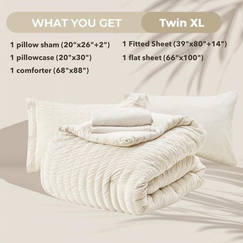 HYMOKEGE Ivory Twin XL Comforter Set Seersucker 5 Pieces, All Season Luxury Bed in a Bag for Bedroom, Bedding Set with Comforter, Sheets, Pillowcase & Sham