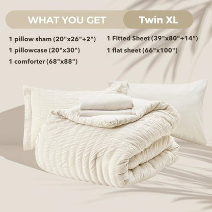 HYMOKEGE Ivory Twin XL Comforter Set Seersucker 5 Pieces, All Season Luxury Bed in a Bag for Bedroom, Bedding Set with Comforter, Sheets, Pillowcase & Sham