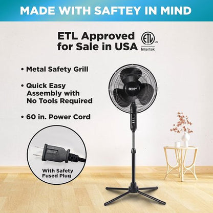 Comfort Zone 16-Inch Oscillating Pedestal Fan - High-Velocity 3-Speed Cooling, Adjustable Height & Tilt, Black